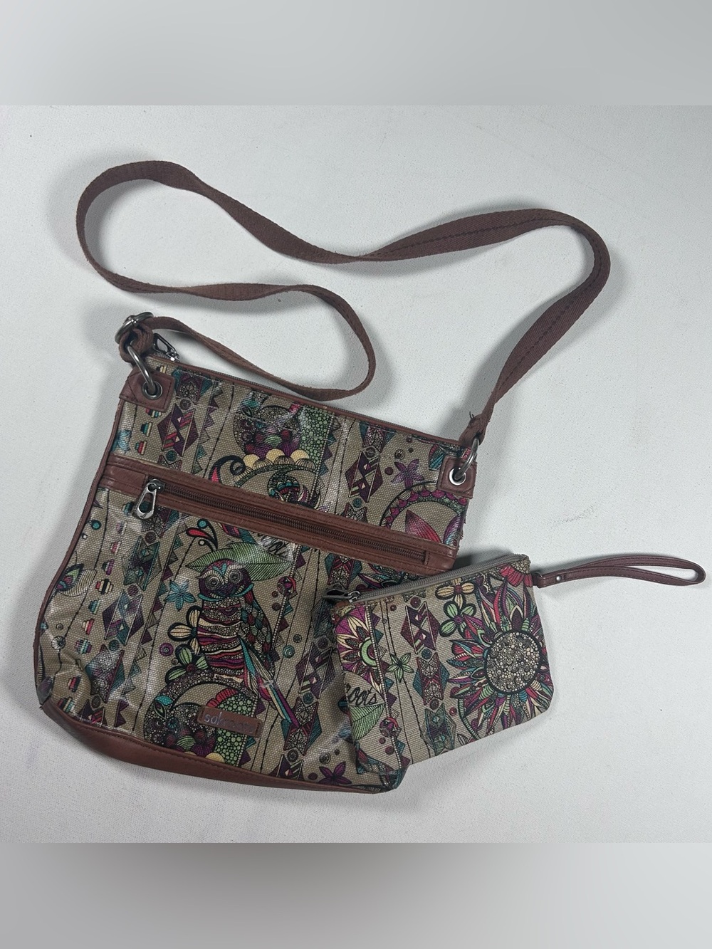 Sakroots Artist Owl Canvas Crossbody Bag & Matching Purse Boho Multicolor Floral